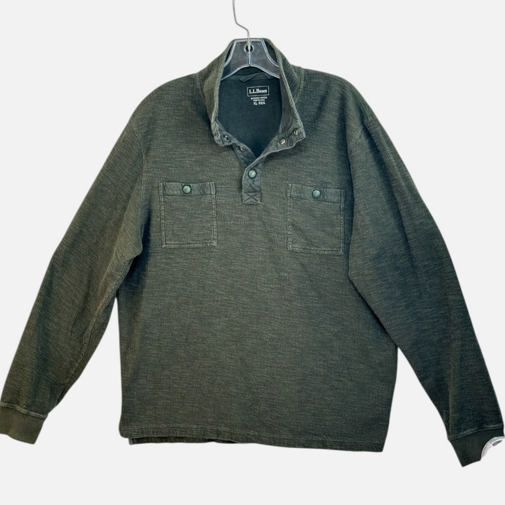 LL‎ Bean Green Waffle Knit Snap Collar Pullover Long Sleeve Shirt XL